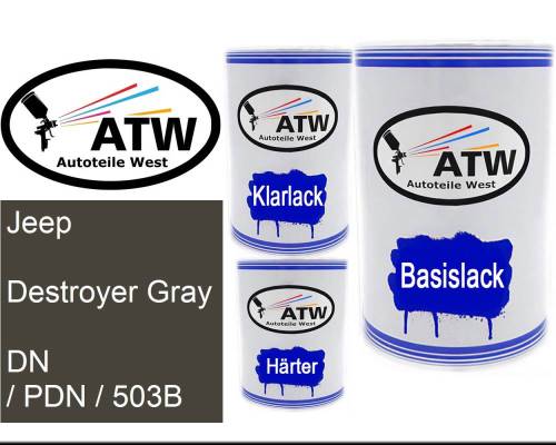 Jeep, Destroyer Gray, DN / PDN / 503B: 500ml Lackdose + 500ml Klarlack + 250ml Härter - Set, von ATW Autoteile West.